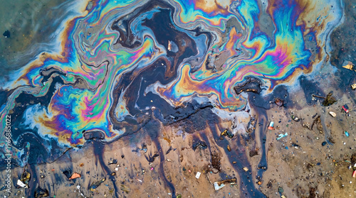 Toxic oil slick creates colorful patterns across polluted shoreline water and sand. 