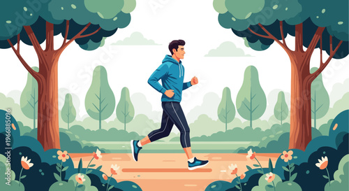 Athletic man in blue hoodie jogging through a park with trees and flowers