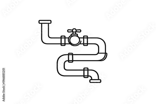 Black and white plumbing pipes illustration with valve design