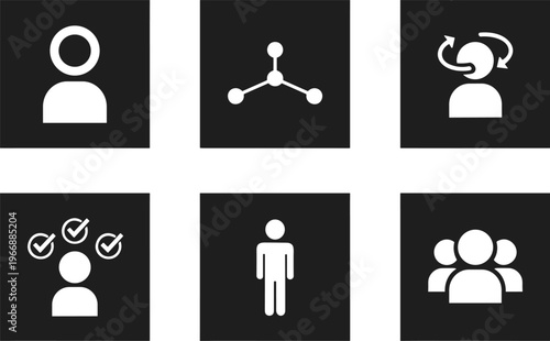 User profile and social network icons set featuring people, connection, communication, and team symbols, black vector collection for UI, app design, and digital platforms