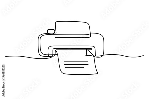 Line art of a printer with paper document emerging