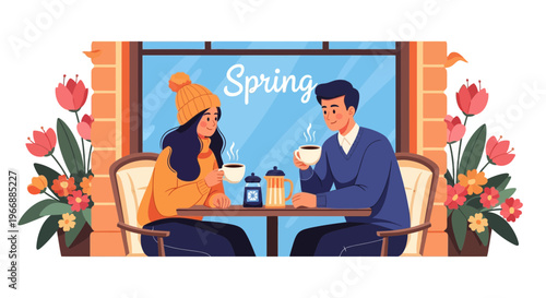 Couple enjoying coffee indoors during springtime at a cafe, looking at each other warmly