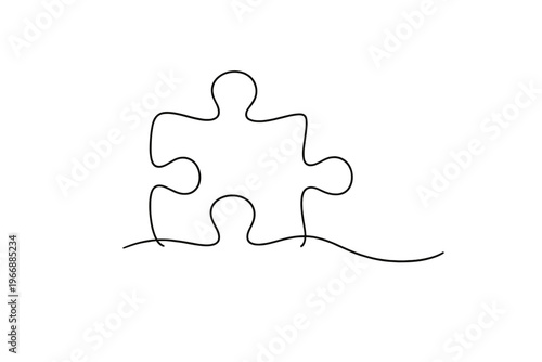 Minimalist one-line puzzle piece drawing against white background