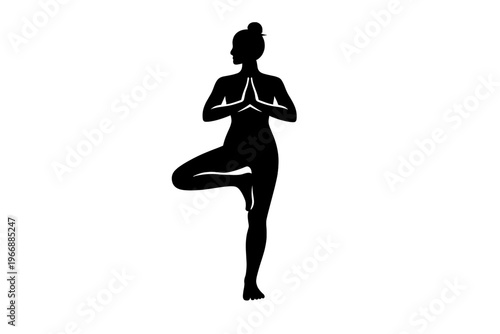 Silhouette of female practicing yoga in tree pose on white background