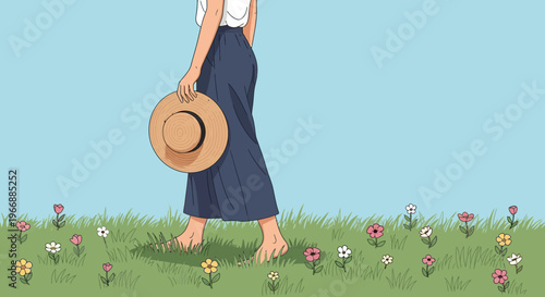 Woman walking barefoot in a grassy meadow with flowers, holding a straw hat
