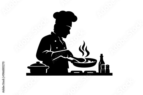 Silhouette of male chef cooking on stove with pan and ingredients