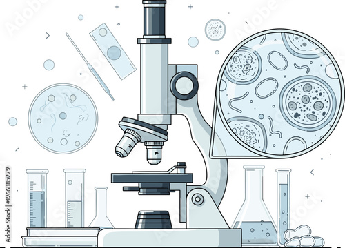 "Microscope and Laboratory Equipment Illustration, Scientific Research, Biology, Chemistry, and Microscopic Study"