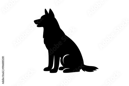 Silhouette of sitting dog with pointed ears on white background