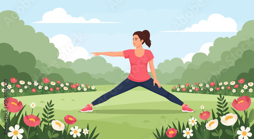 Woman practicing yoga stretching in a serene park with blooming flowers and a clear sky