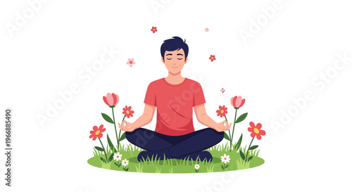 Man meditating peacefully in a serene garden surrounded by colorful flowers and green grass