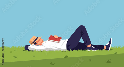 Man in Straw Hat Relaxing Outdoors, Lying on Green Grass with a Book