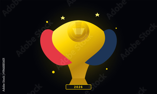 Hand-drawn golden soccer championship trophy emblem for 2026 tournament featuring vibrant red and blue decorative shapes as authentic illustration