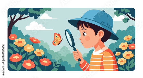 Young Child Observes a Butterfly with a Magnifying Glass in a Vibrant Garden Scene