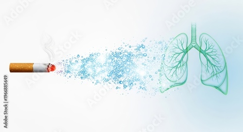 Smoking cigarette emitting harmful particles that damage the lungs, illustrating the negative health effects of tobacco use.