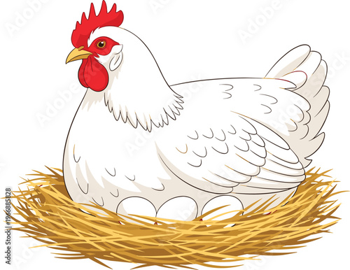 "Hen Sitting on Eggs in Nest, Farm Animal, Poultry, and Organic Farming Illustration for Agriculture and Farming Designs"