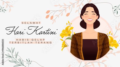 Kartini Day Poster Design with Smiling Javanese Woman Portrait Wearing Batik Dress with Floral Elements and Soft Pastel Style