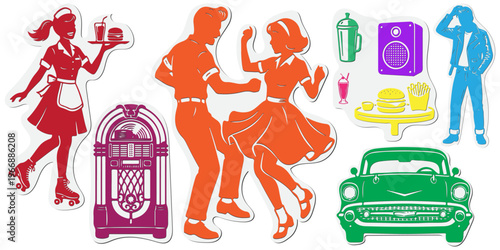 1950s retro diner and rock and roll color silhouettes set. Vintage stickers collection of jukebox, classic car, dancing couple, and waitress on roller skates isolated