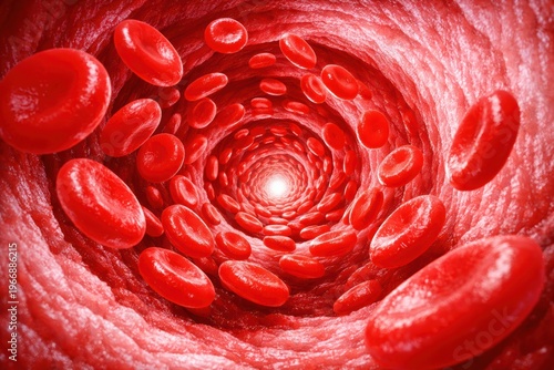 Microscopic Blood Vessels: A detailed view of blood cells circulating through a human vessel, showcasing the intricacy of the circulatory system.