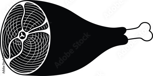 Ham meat cut silhouette isolated on white background, black pork leg illustration for butcher shop, food design, cooking concepts, and restaurant menu graphics
