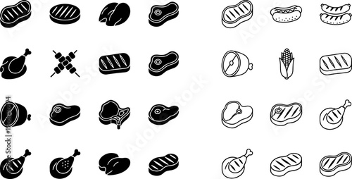 Food icon set with meat, vegetables and seafood elements, line and silhouette style collection isolated on white background for restaurant menu and cooking design