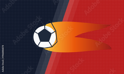 Hand-drawn soccer ball with fiery trail on red and blue dotted background for sports match day authentic illustration