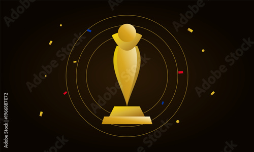 Hand-drawn abstract golden award trophy cup standing on pedestal against dark background with confetti circles and authentic illustration