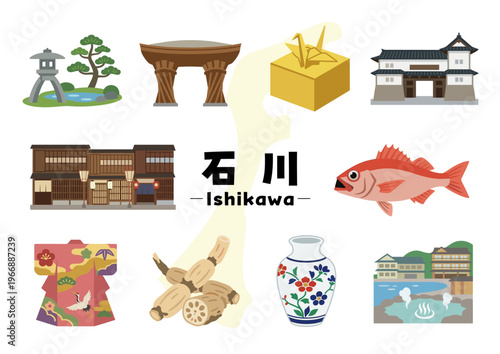 石川県の観光・伝統工芸・グルメアイコンセット（金沢・兼六園・金箔・九谷焼）