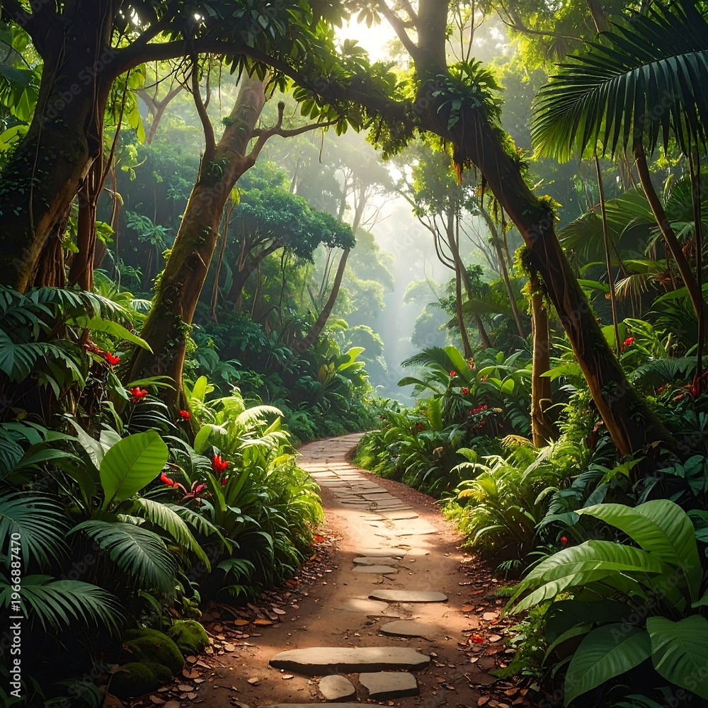 Naklejka premium A serene forest path with lush greenery and vibrant flowers