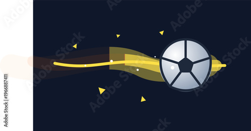 Hand-drawn digital graphic of a soccer ball flying fast with fiery motion trail through the dark authentic illustration