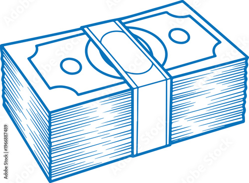 Blue outline drawing of money stacks tied with paper bands, currency bills, financial concept, clean illustration