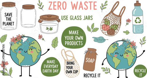 Zero Waste Lifestyle Illustration Set with Eco Friendly Elements, Reusable Bags, Glass Jars, Recycling Symbols, and Earth Characters for Sustainability Design
