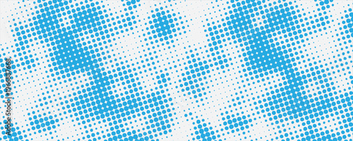 blue halftone pattern. Retro comic gradient background. Bright white pixelated dotted texture overlay. Cartoon pop art faded gradient pattern.
