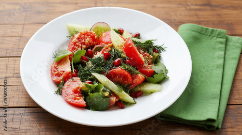 Fresh salad with tomatoes, cucumbers, and herbs in white bowl  