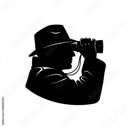 Silhouette of a Man in a Hat Using Binoculars.