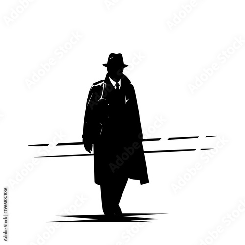 Silhouette of a man in a trench coat and hat.