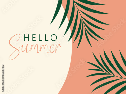 Hello summer card, banner in trendy bright colors with tropical leaves