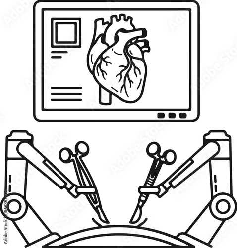 Modern robotic surgery concept depicting mechanical arms performing heart operation monitored by medical screen display in line art style
