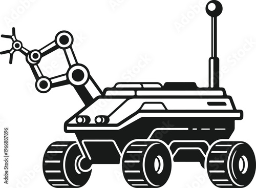 Monochromatic vector illustration of a robotic space rover with an articulated arm and antenna, ideal for scientific exploration and technological themes