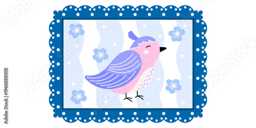 Kawaii bird cute and lace frame hand with vector border template. Square heart notebook and coquette design title with scrapbook memo photo. Trendy kawaii simple and menu lace writing with love