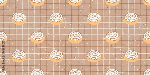 Cinnabon pattern dessert and seamless autumn sweet with fall pastry bg. Vector repeat treat and cozy cream comfortable with delicious
