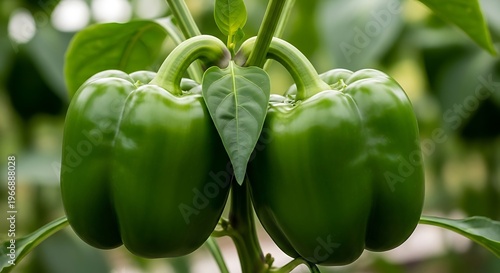Fresh green bell peppers growing on plant with vibrant leaves in natural outdoor setting