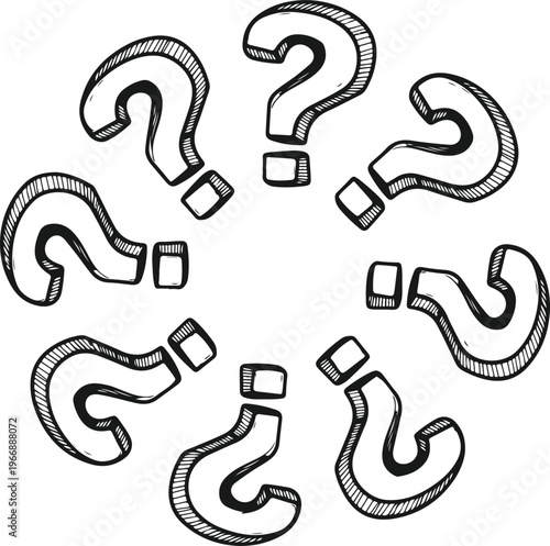 Question mark circle composition with hand drawn doodle style symbols representing curiosity confusion and asking for answers in design