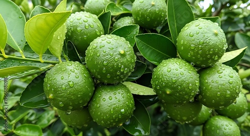 Fresh green citrus fruits covered in dew droplets growing on lush plant leaves outdoors