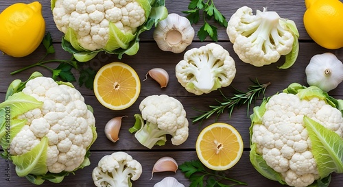 Fresh organic vegetables including cauliflower cauliflower florets lemons garlic and herbs on rustic wooden surface