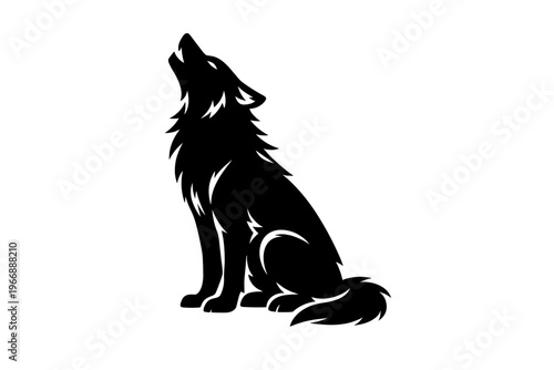 Silhouette of a lone howling wolf on a white background