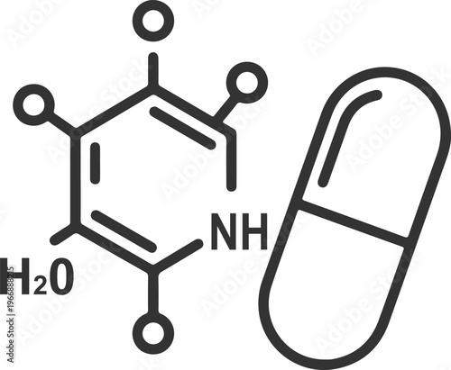 Simple outline graphic depicting chemical formula next to medicine capsule and water symbol