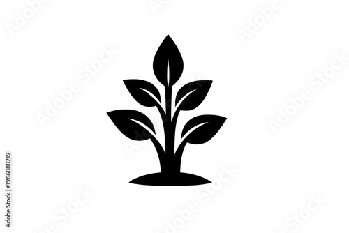 Minimalist black plant icon on white background featuring stylized leaves