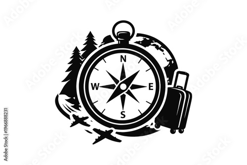Compass with globe, airplanes, suitcase, and trees: travel and adventure theme