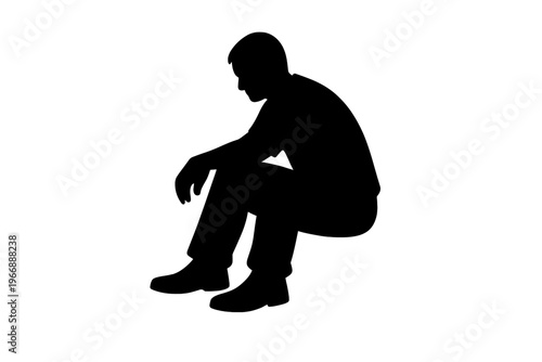 Silhouette of seated person in thoughtful pose on white background