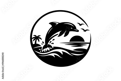 Dolphin silhouette at sunset with ocean waves and palm trees